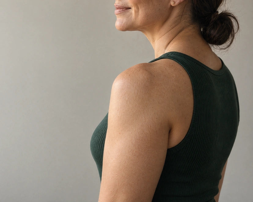 A woman in a green tank top smiles toward the window, morning light on her shoulder and arm.