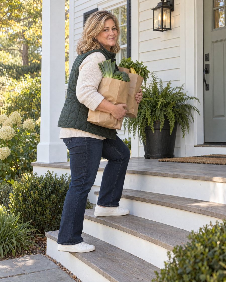 A woman carrying a bag of groceries up the front steps of her house